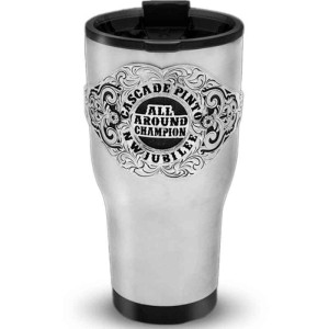 A custom tumbler made of stainless steel with a personalized engraved lettering in antiqued silver, 30 oz, ideal for coffee or cool drinks